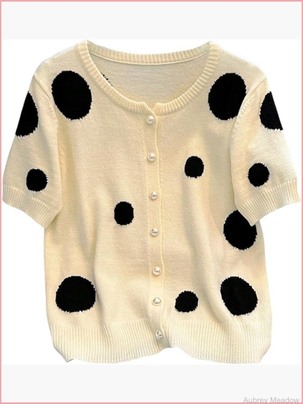Polka Dot Button Up Cardigan Sweater Short Sleeve Crew Neck Lightweight Knit Top